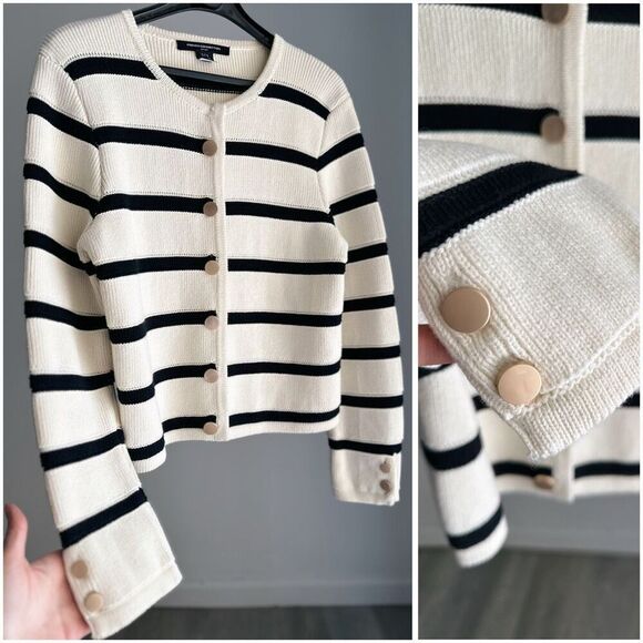 French Connection Preppy Academia NWOT Heavy Cardigan Buttons Size 10 Cream Blac - Picture 1 of 5